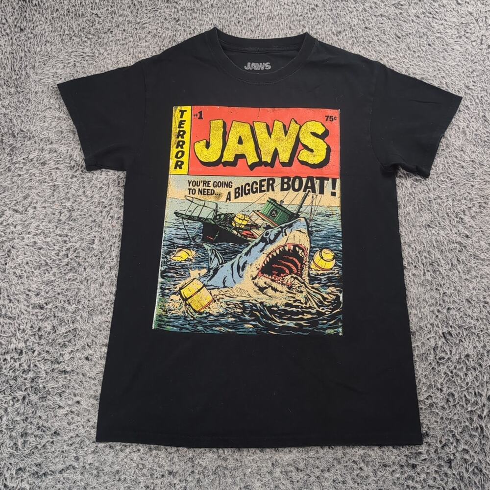 Jaws Movie Shirt Adult Small Black Retro Comic Short Sleeve Graphic Tee Men